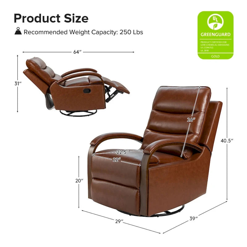 Fauteuil inclinable manuel pivotant en cuir véritable Leopold avec accoudoirs en bois, par HULALA HOME