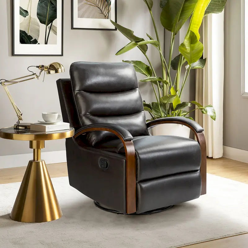 Fauteuil inclinable manuel pivotant en cuir véritable Leopold avec accoudoirs en bois, par HULALA HOME