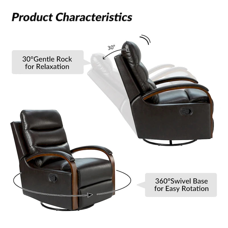 Fauteuil inclinable manuel pivotant en cuir véritable Leopold avec accoudoirs en bois, par HULALA HOME