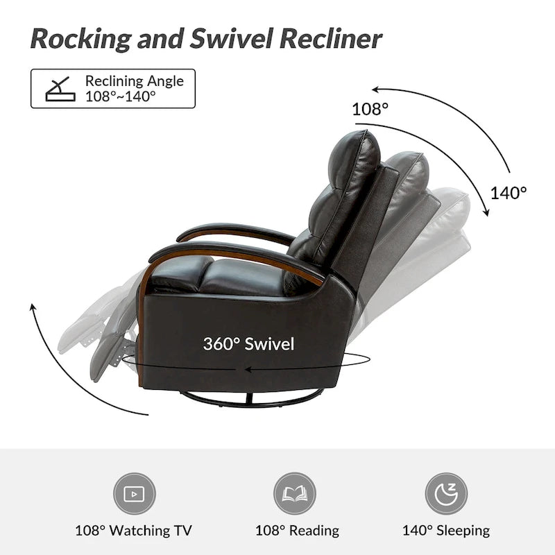 Fauteuil inclinable manuel pivotant en cuir véritable Leopold avec accoudoirs en bois, par HULALA HOME