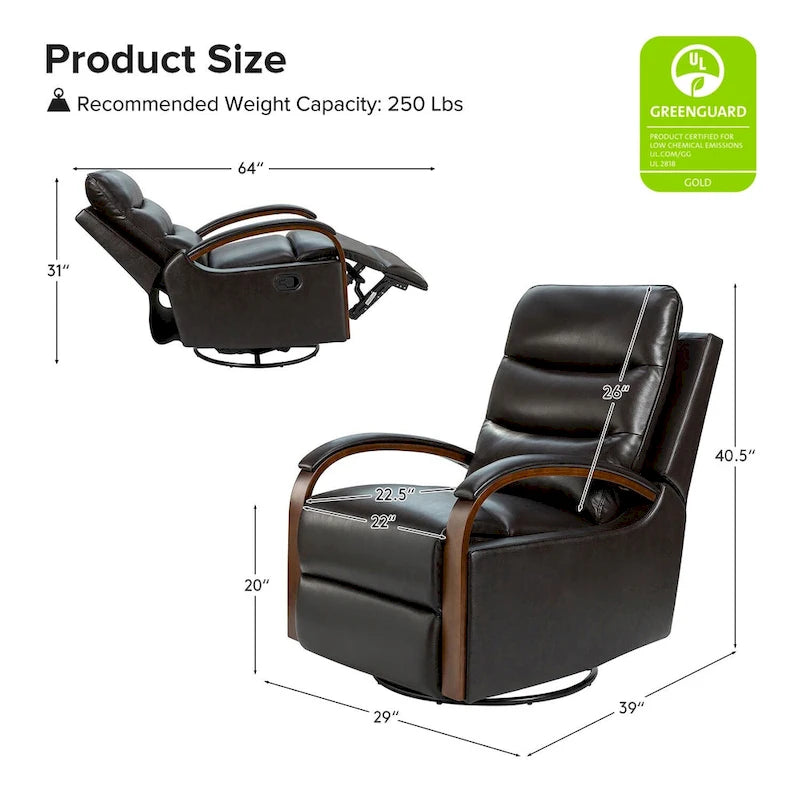 Fauteuil inclinable manuel pivotant en cuir véritable Leopold avec accoudoirs en bois, par HULALA HOME