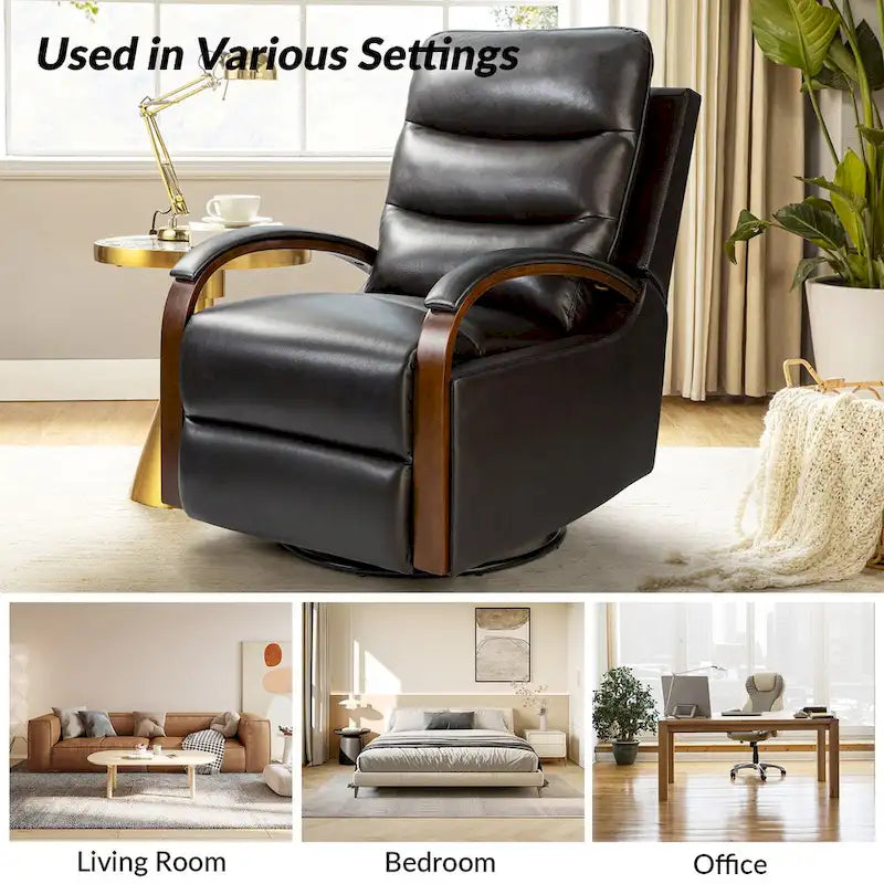Fauteuil inclinable manuel pivotant en cuir véritable Leopold avec accoudoirs en bois, par HULALA HOME