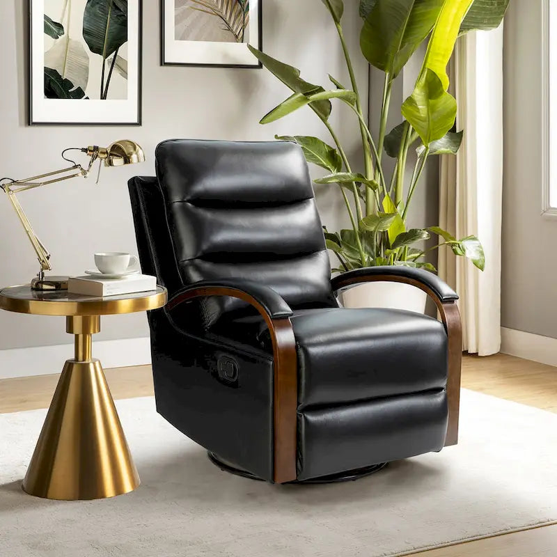 Fauteuil inclinable manuel pivotant en cuir véritable Leopold avec accoudoirs en bois, par HULALA HOME