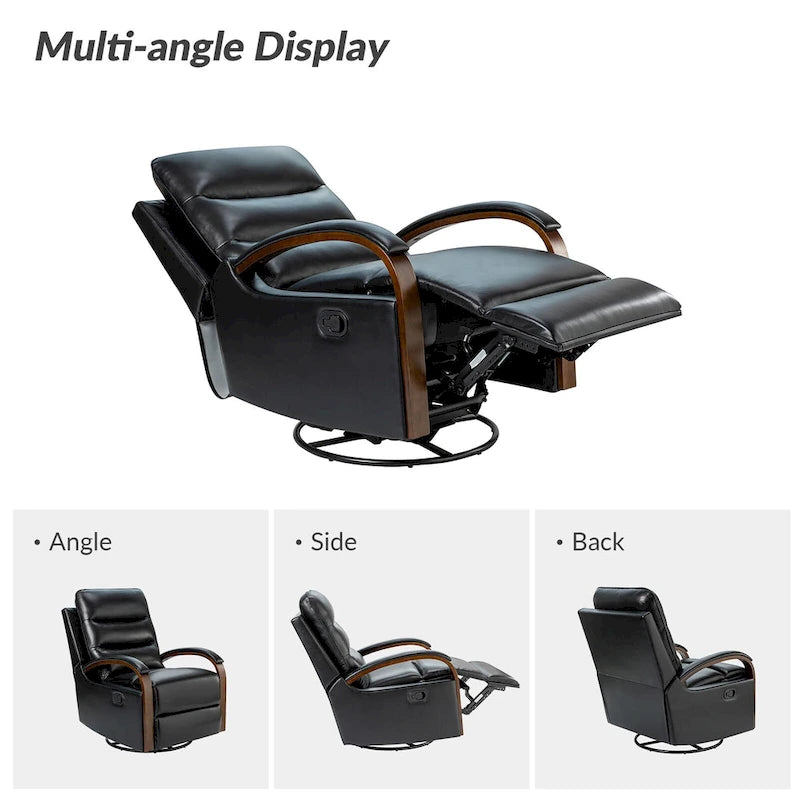 Fauteuil inclinable manuel pivotant en cuir véritable Leopold avec accoudoirs en bois, par HULALA HOME