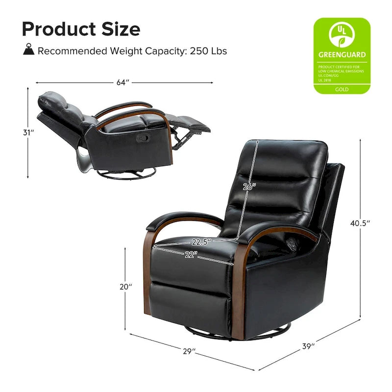 Fauteuil inclinable manuel pivotant en cuir véritable Leopold avec accoudoirs en bois, par HULALA HOME