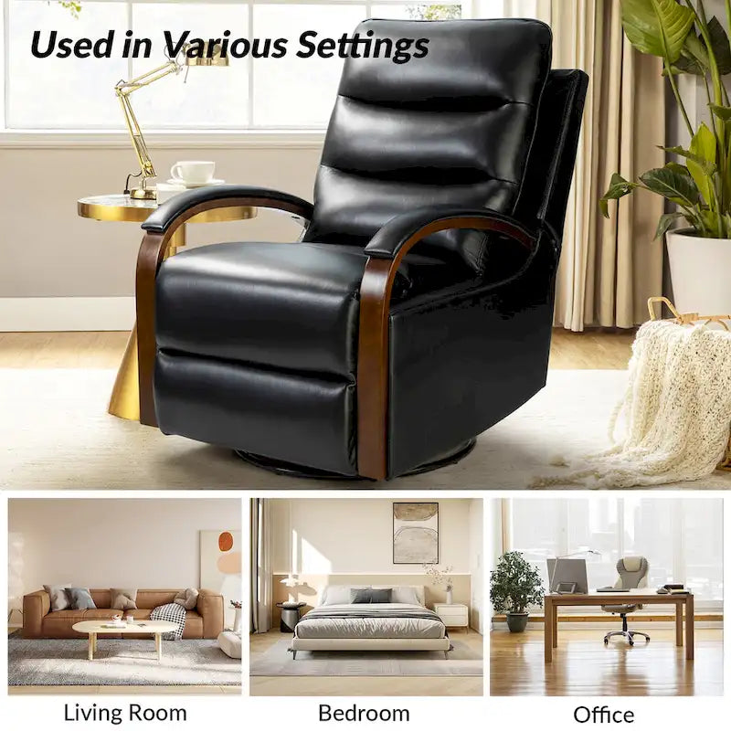 Fauteuil inclinable manuel pivotant en cuir véritable Leopold avec accoudoirs en bois, par HULALA HOME