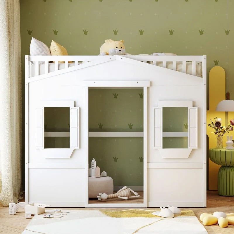 House Loft Bed Twin Kids Playhouse Bed, Solid Wood Loft Bed Frame with Window and Ladder