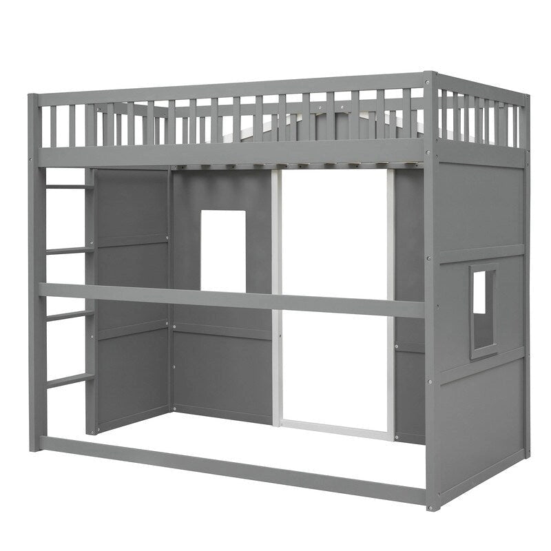 Lit mezzanine cabane pour enfants, structure en bois massif avec fenêtre et échelle.