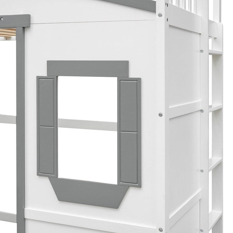 Lit mezzanine cabane pour enfants, structure en bois massif avec fenêtre et échelle.