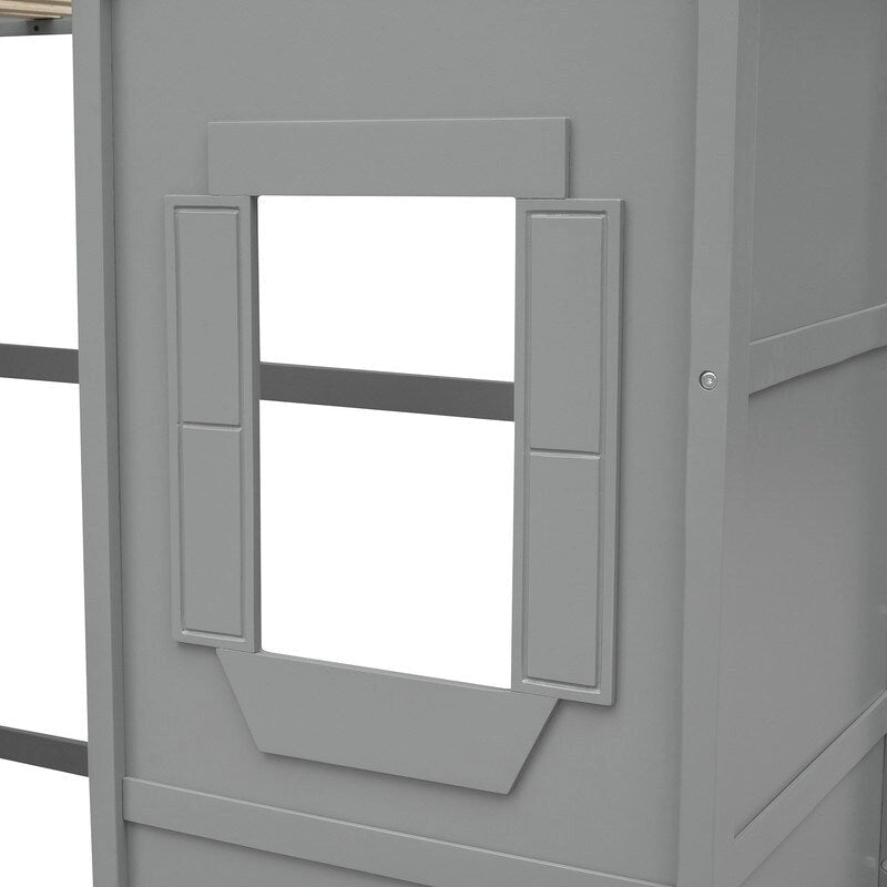 Lit mezzanine cabane pour enfants, structure en bois massif avec fenêtre et échelle.