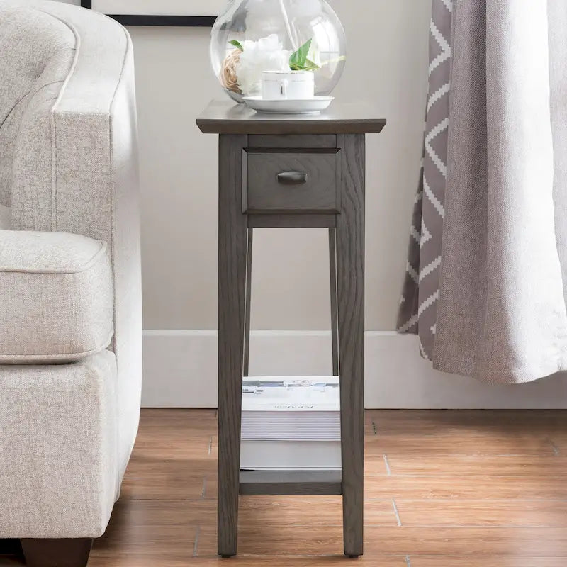 Teegan Solid Wood Narrow Side End Table with Shelf and Drawer