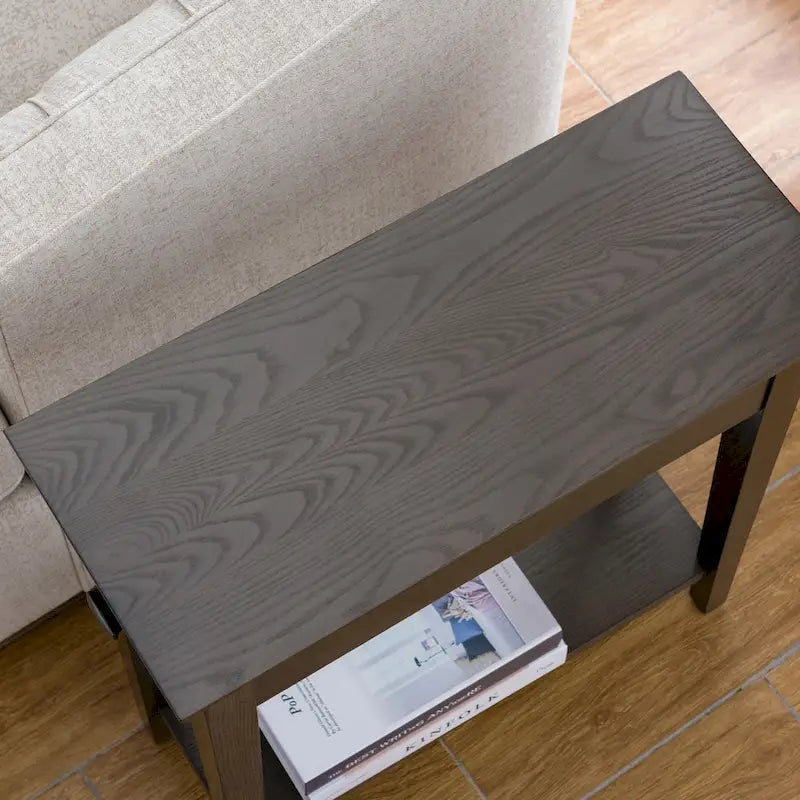 Table d'appoint étroite Teegan en bois massif avec étagère et tiroir