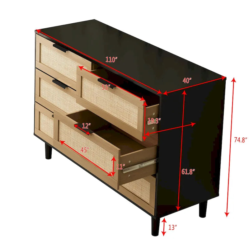 Commode en rotin à 6 tiroirs, Chambre, Salon