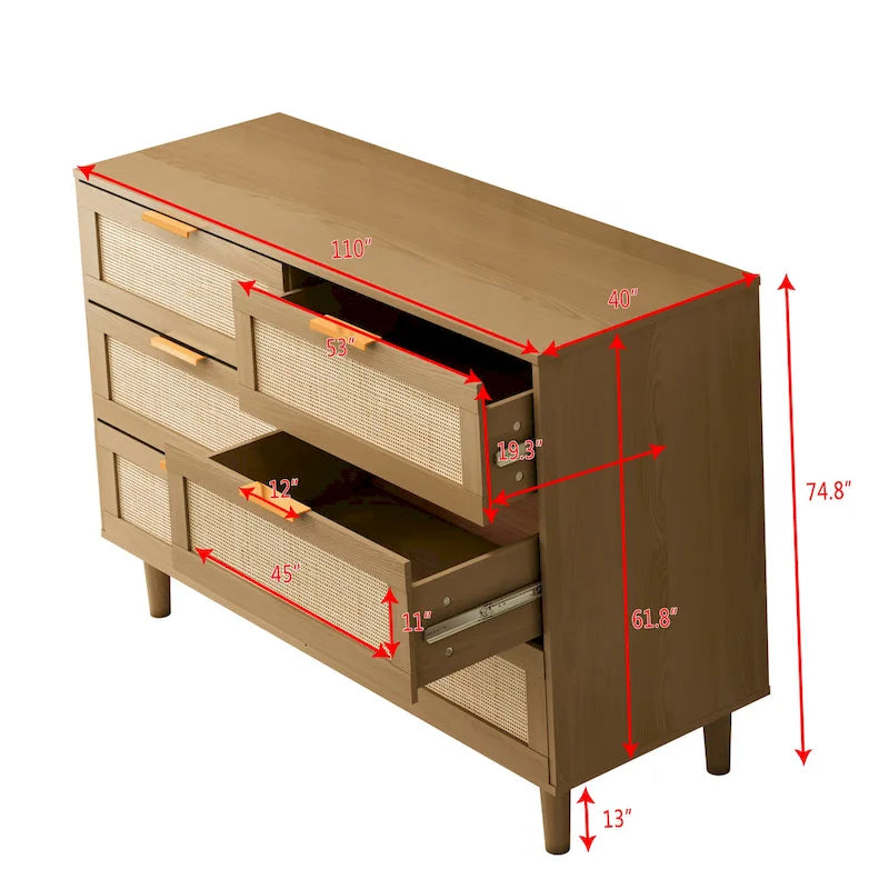 Commode en rotin à 6 tiroirs, Chambre, Salon