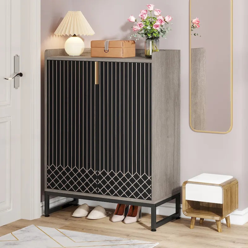 Meuble à chaussures à 5 niveaux avec portes, rangement pour 25 paires de chaussures en bois blanc