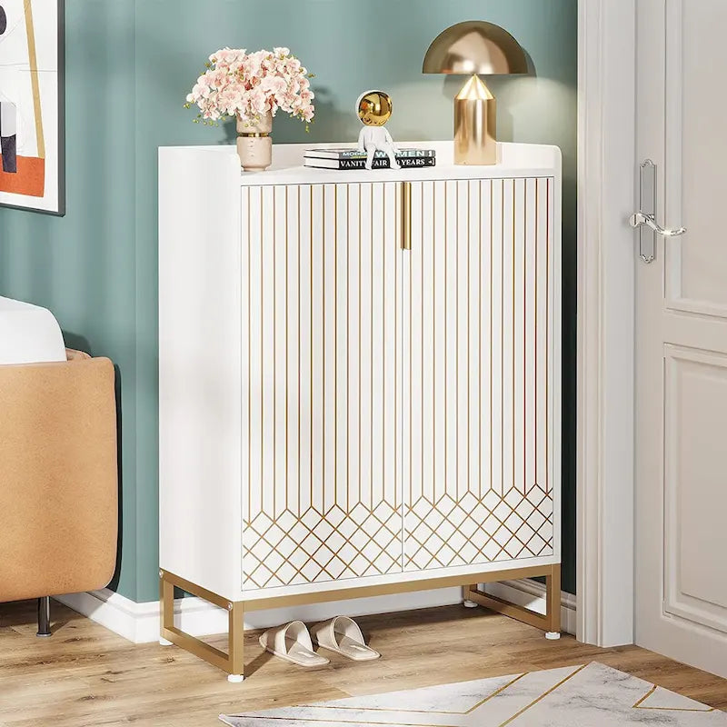 Meuble à chaussures à 5 niveaux avec portes, rangement pour 25 paires de chaussures en bois blanc