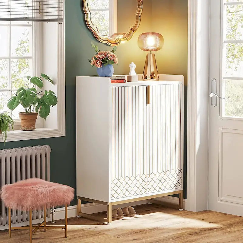 Meuble à chaussures à 5 niveaux avec portes, rangement pour 25 paires de chaussures en bois blanc