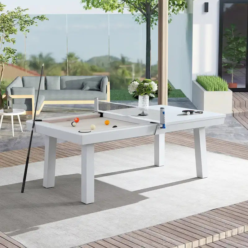 Table de billard Laguna 2,44 m (8 pi) en ardoise, utilisable en intérieur et en extérieur, avec plateau repas et accessoires.