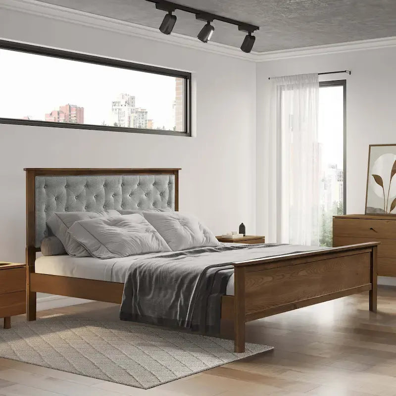 Ensemble tête de lit et pied de lit en bois pour lit queen-size, recouvert de tissu gris