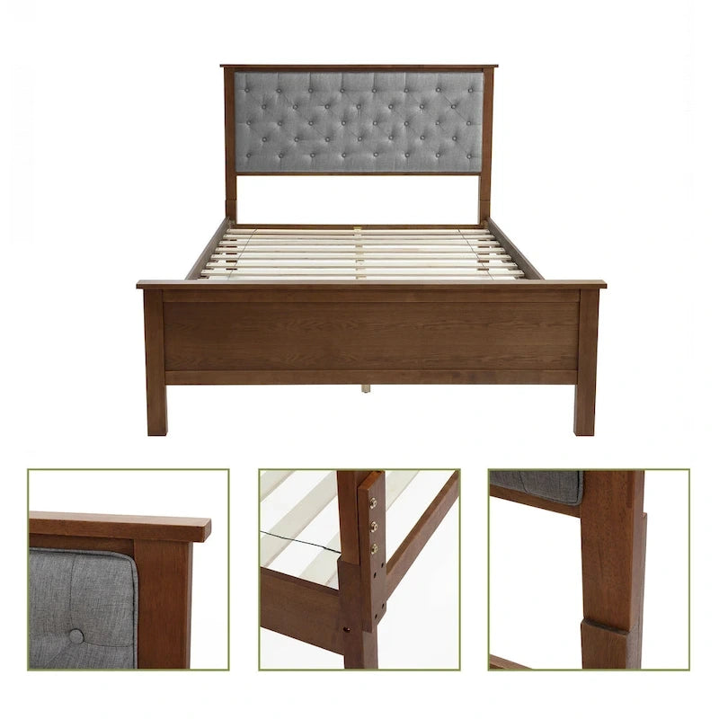 Ensemble tête de lit et pied de lit en bois pour lit queen-size, recouvert de tissu gris