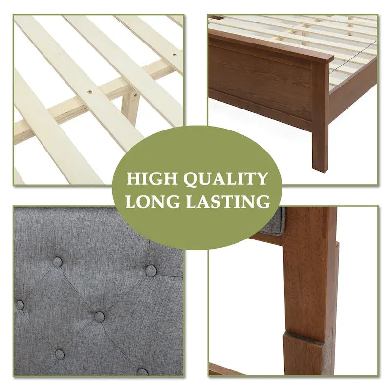 Ensemble tête de lit et pied de lit en bois pour lit queen-size, recouvert de tissu gris