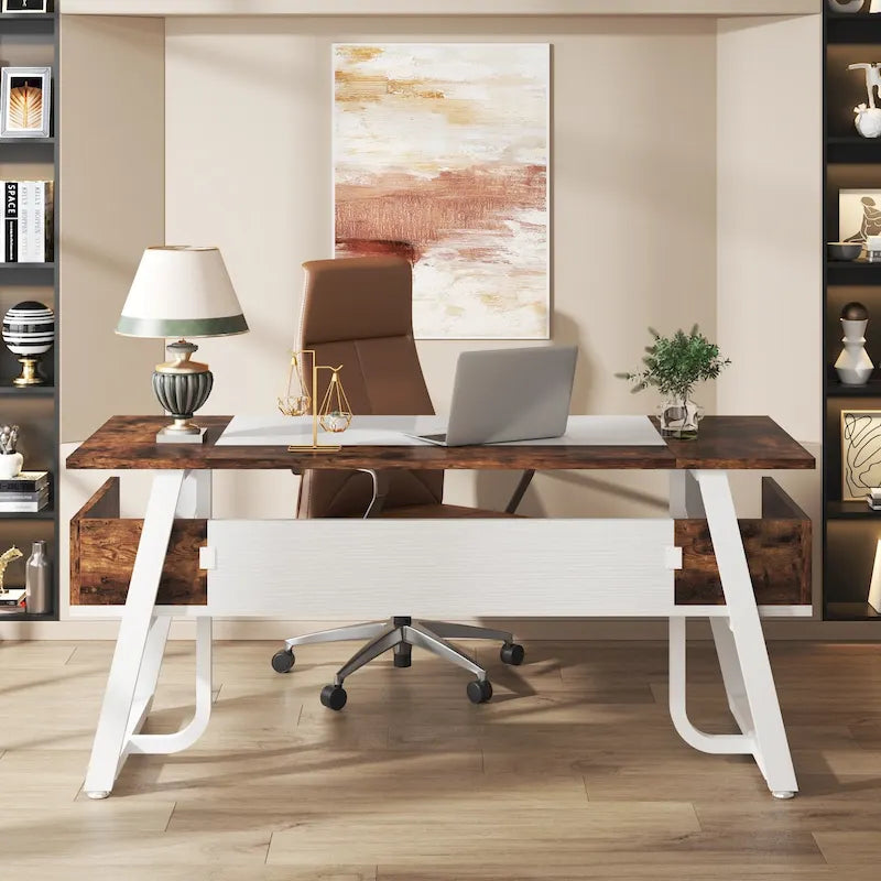 Grand bureau de direction de 160 cm avec étagère de rangement pour bureau à domicile, marron rustique et noir