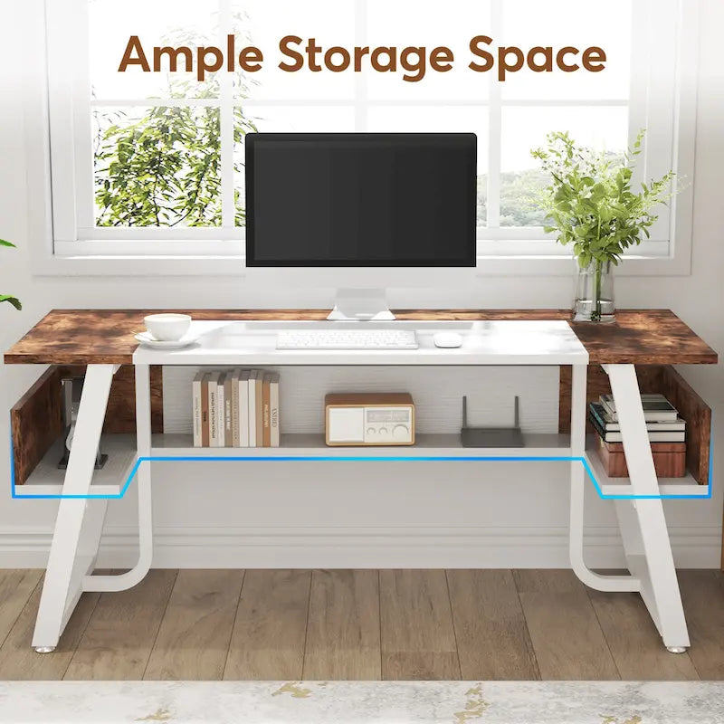 Grand bureau de direction de 160 cm avec étagère de rangement pour bureau à domicile, marron rustique et noir