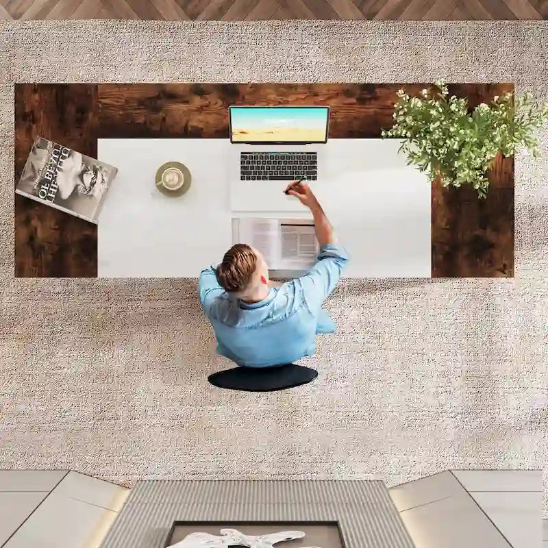 Grand bureau de direction de 160 cm avec étagère de rangement pour bureau à domicile, marron rustique et noir