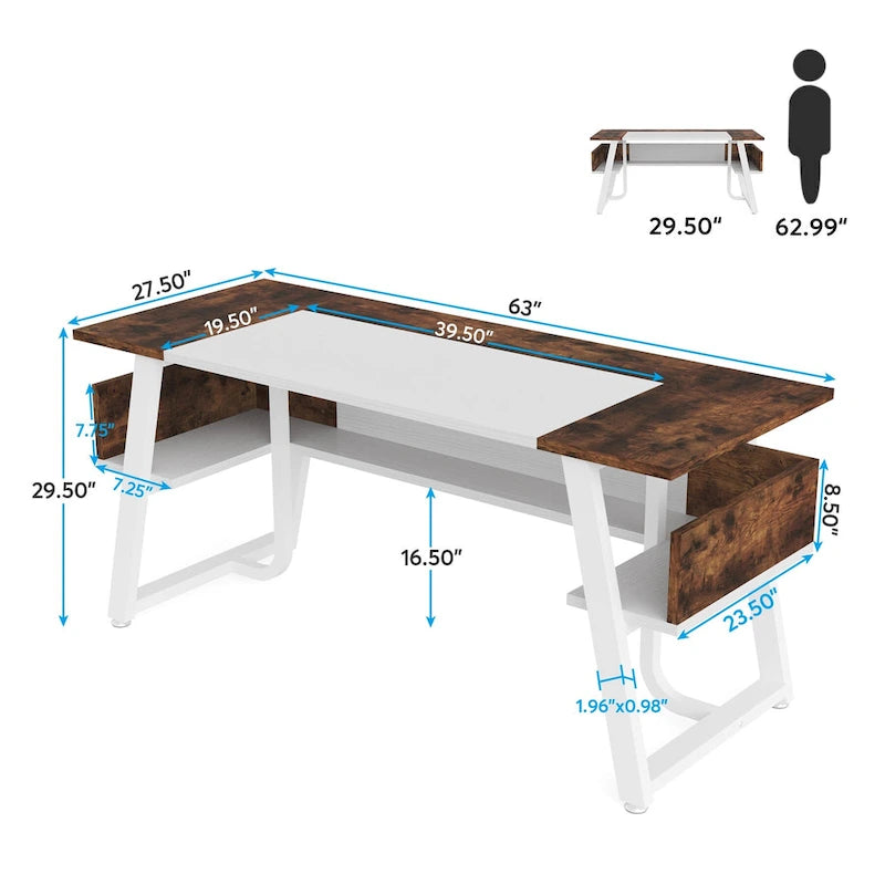 Grand bureau de direction de 160 cm avec étagère de rangement pour bureau à domicile, marron rustique et noir