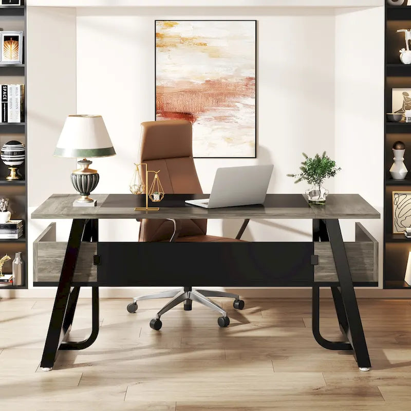 Grand bureau de direction de 160 cm avec étagère de rangement pour bureau à domicile, marron rustique et noir