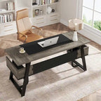 Grand bureau de direction de 160 cm avec étagère de rangement pour bureau à domicile, marron rustique et noir