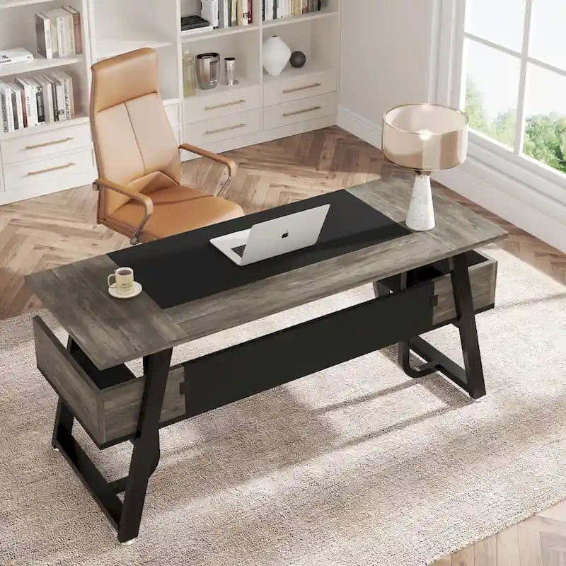 Grand bureau de direction de 160 cm avec étagère de rangement pour bureau à domicile, marron rustique et noir