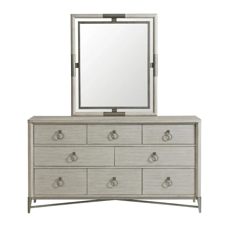 Ensemble de chambre à coucher Roundhill Furniture Mantalia en bois massif, comprenant un lit à panneaux, une commode, un miroir, deux tables de chevet, une commode haute et un banc, couleur champagne.