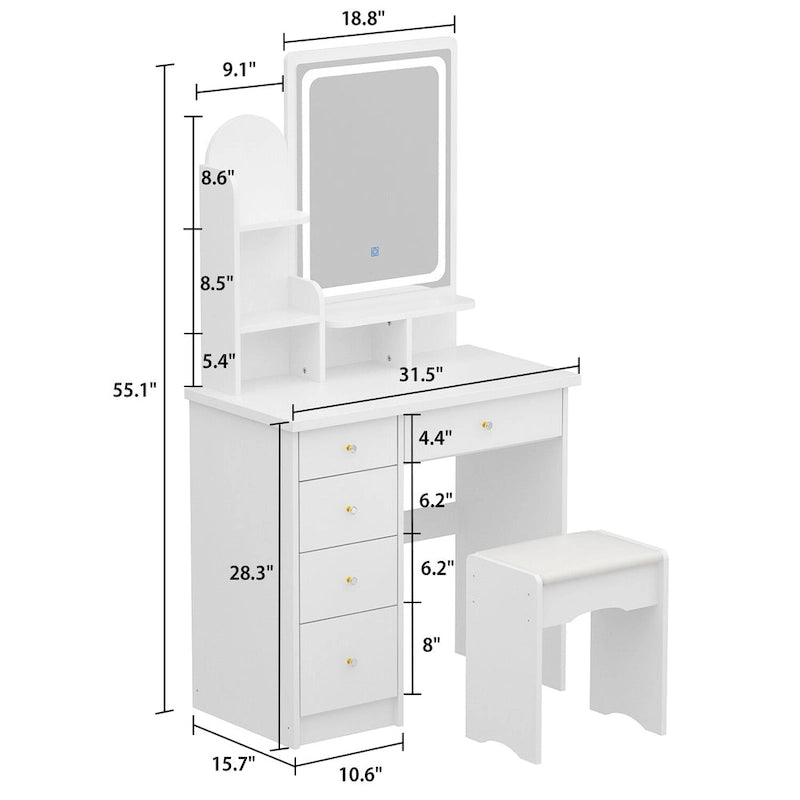 Coiffeuse de 80 cm de large avec tabouret et miroir lumineux tactile - 80 cm de large