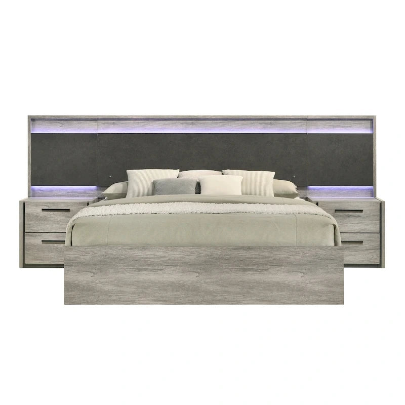 Lit mural LED Lenca de Roundhill Furniture avec tables de chevet, commode et miroir - Gris vieilli