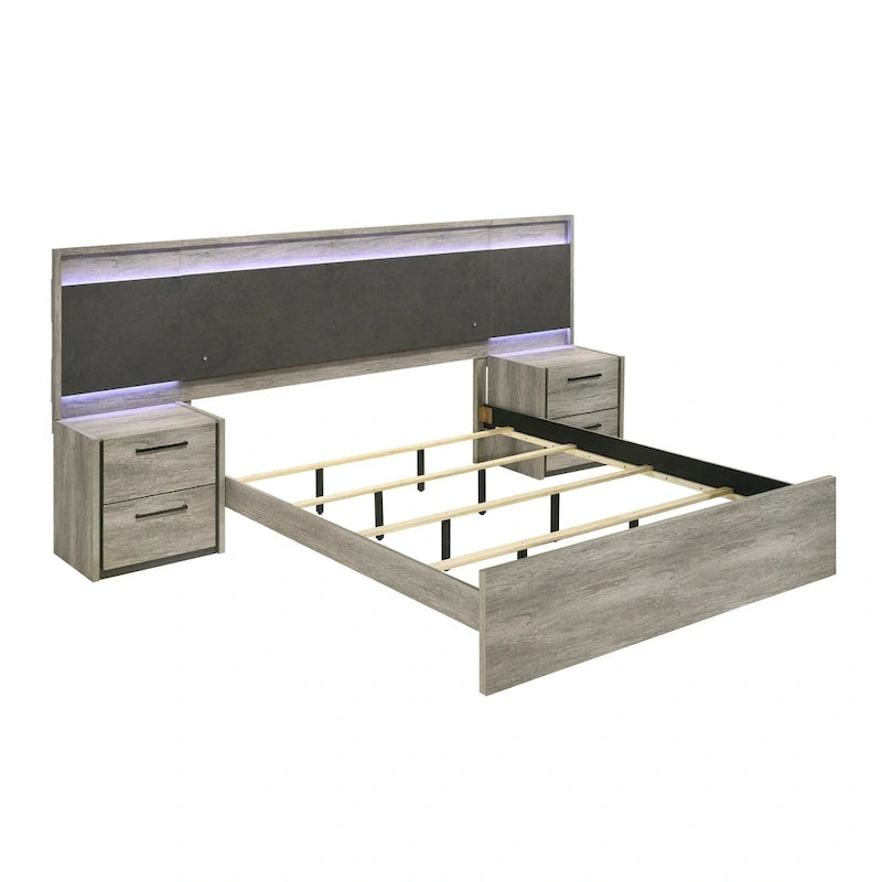 Lit mural LED Lenca de Roundhill Furniture avec tables de chevet, commode et miroir - Gris vieilli