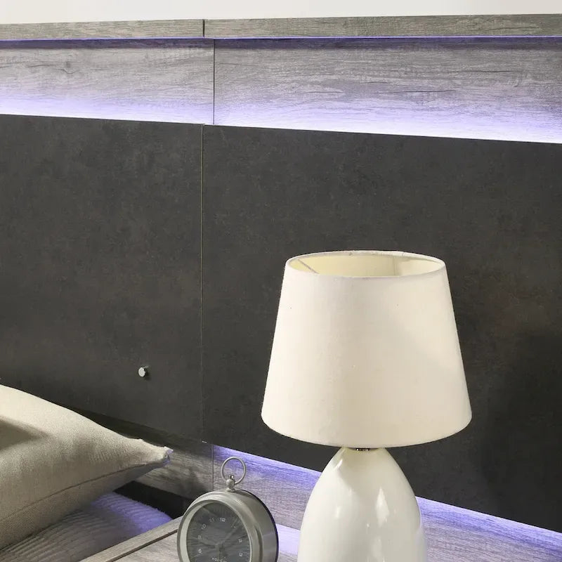 Lit mural LED Lenca de Roundhill Furniture avec tables de chevet, commode et miroir - Gris vieilli