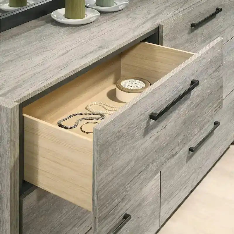 Lit mural LED Lenca de Roundhill Furniture avec tables de chevet, commode et miroir - Gris vieilli