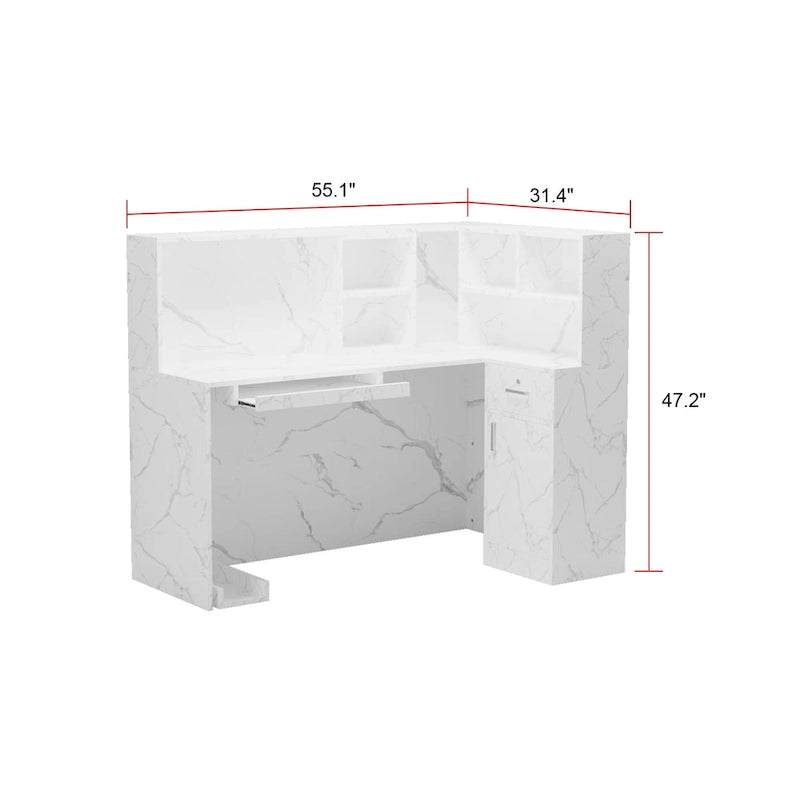 Bureau d'accueil fonctionnel en forme de L, comptoir de réception