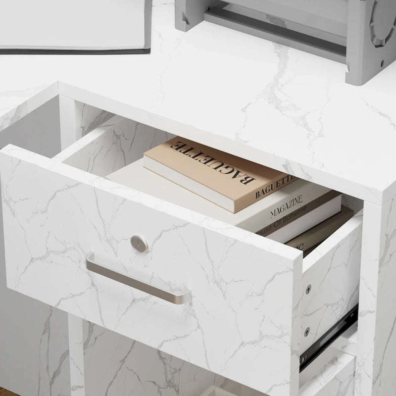 Bureau d'accueil fonctionnel en forme de L, comptoir de réception