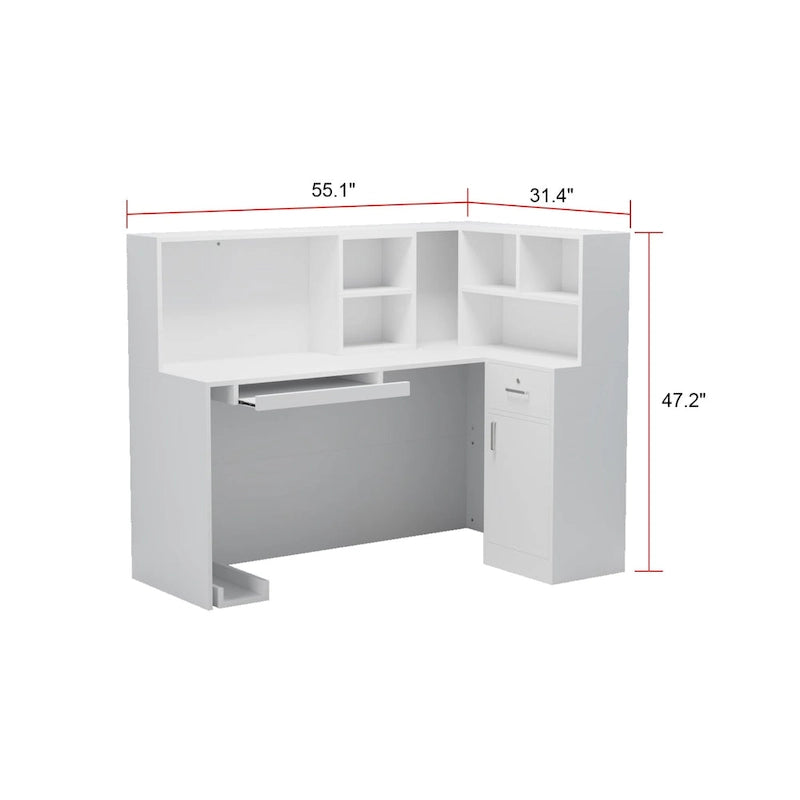 Bureau d'accueil fonctionnel en forme de L, comptoir de réception