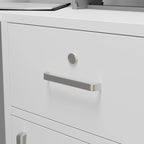 Bureau d'accueil fonctionnel en forme de L, comptoir de réception