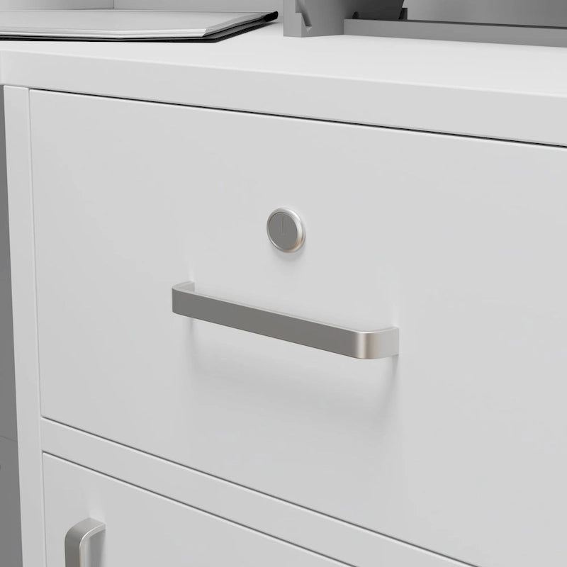 Bureau d'accueil fonctionnel en forme de L, comptoir de réception