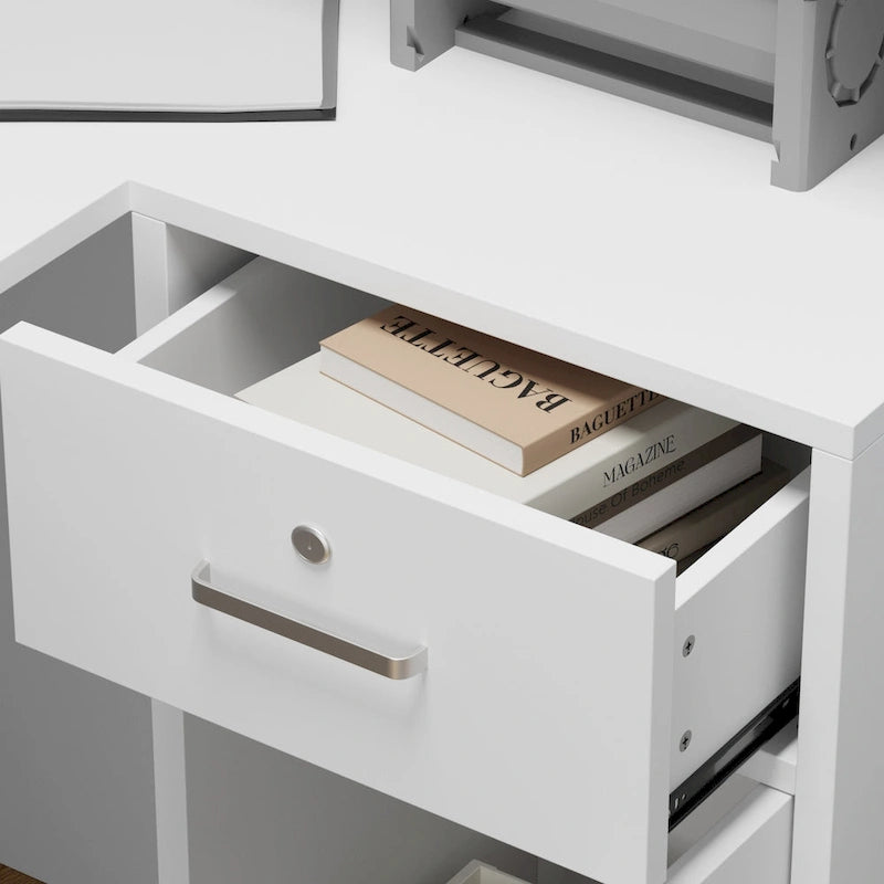 Bureau d'accueil fonctionnel en forme de L, comptoir de réception