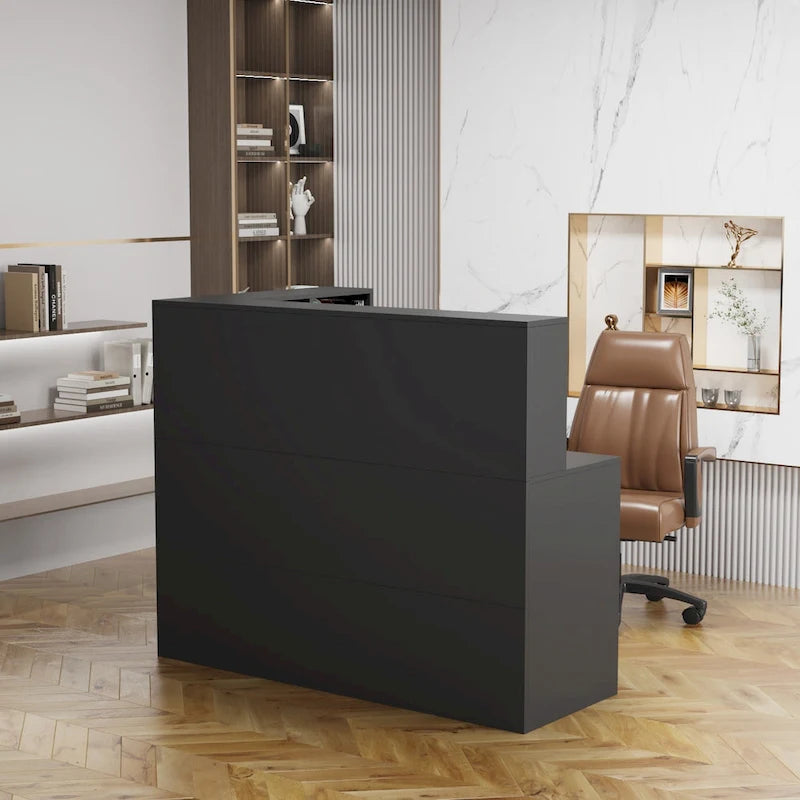 Bureau d'accueil fonctionnel en forme de L, comptoir de réception