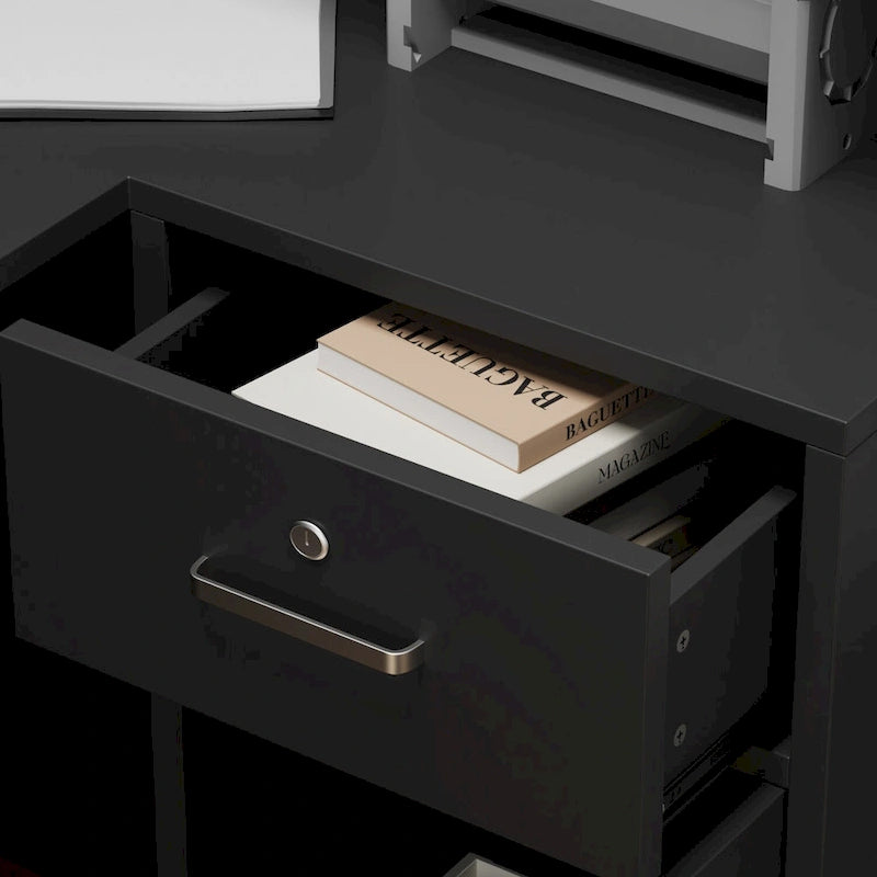 Bureau d'accueil fonctionnel en forme de L, comptoir de réception