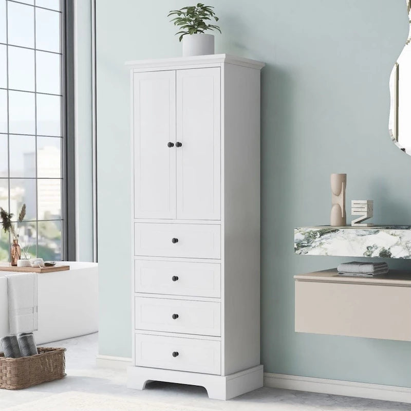 Meuble de rangement à 2 portes et 4 tiroirs pour salle de bain, étagère réglable, panneau MDF finition peinte