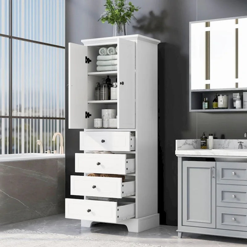 Meuble de rangement à 2 portes et 4 tiroirs pour salle de bain, étagère réglable, panneau MDF finition peinte