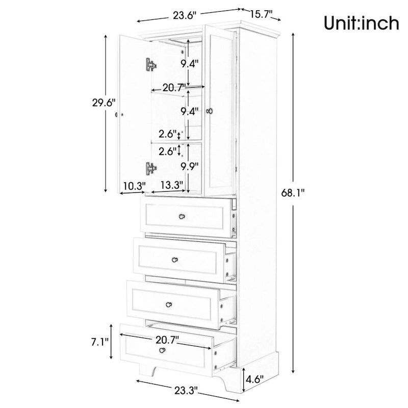 Meuble de rangement à 2 portes et 4 tiroirs pour salle de bain, étagère réglable, panneau MDF finition peinte