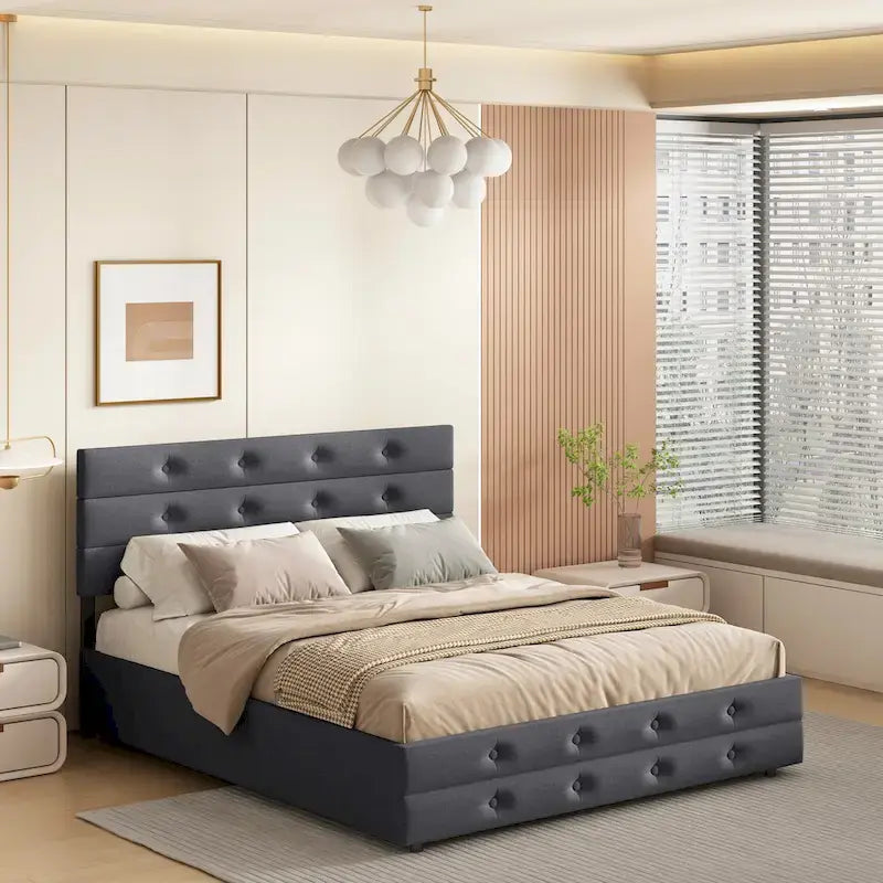 Lit gigogne gris en lin recouvert de tissu Queen Size avec tiroirs